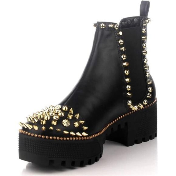 Women's Spiky Pull On Combat Boots - Picture 4 of 6